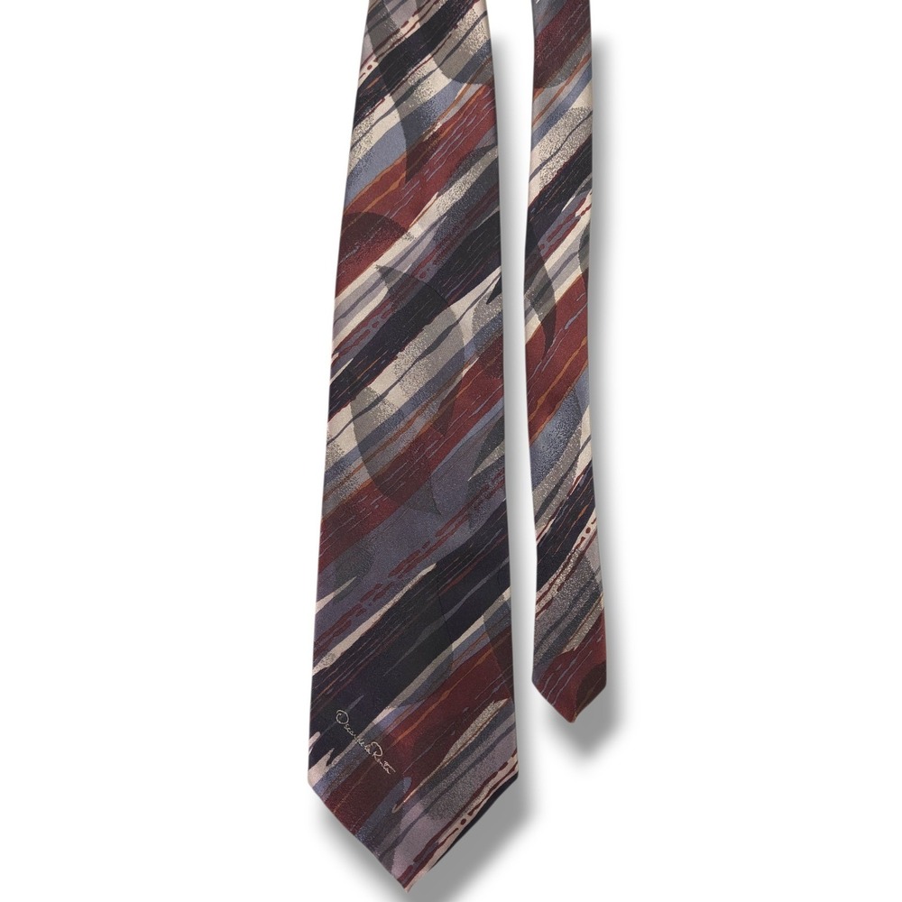 Oscar De La Renta Studio Silk Necktie Abstract Stripe USA Burgundy Gray OS - Picture 2 of 6